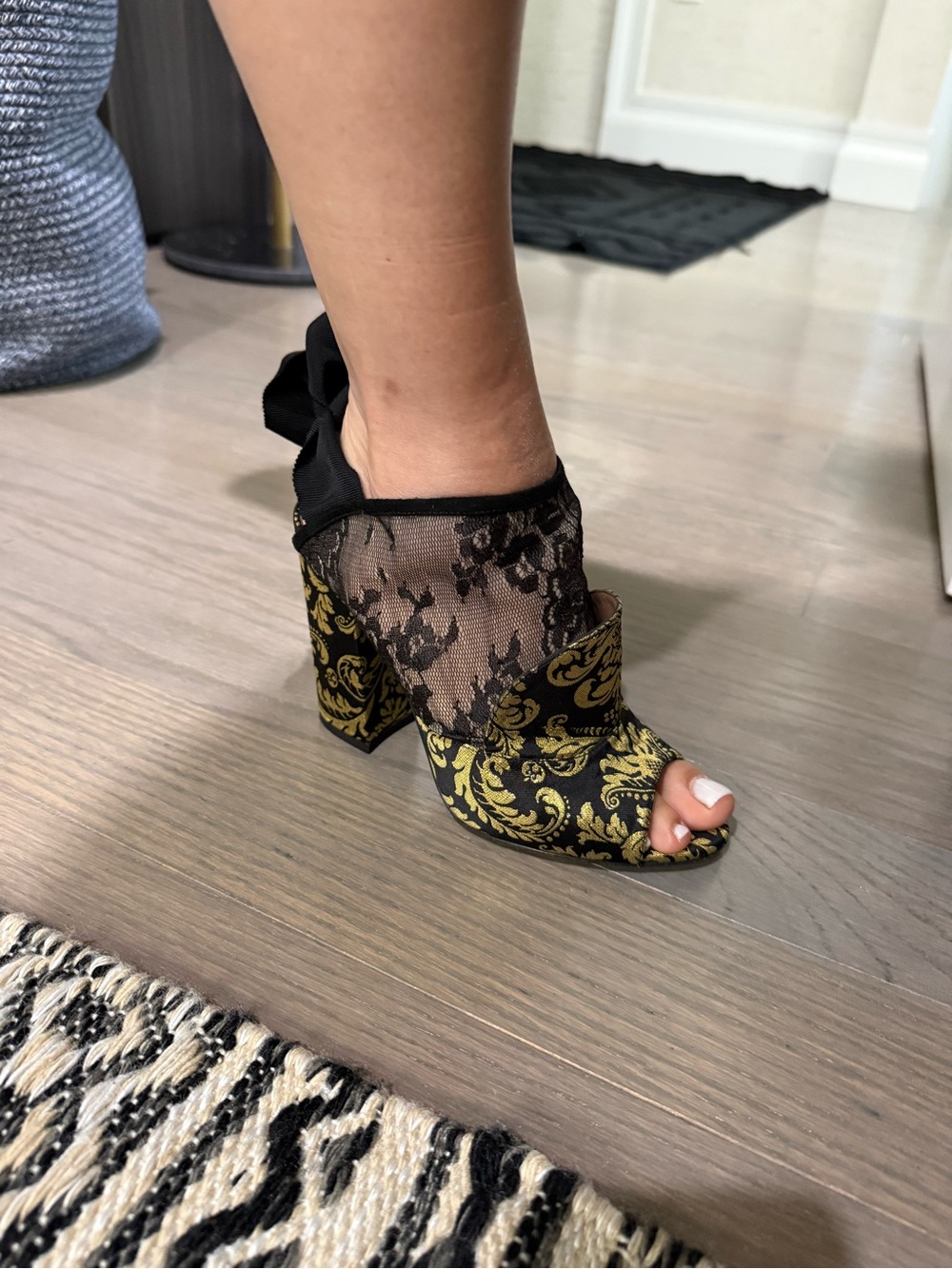 Tabitha Simmons Black and Gold Brocade Block Heel Mules